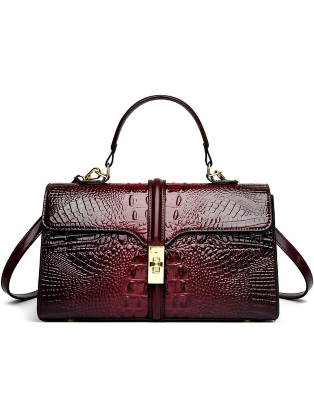 Women's Burgundy Patent Faux Leather Satchel Crocodile Zipper Shoulder Bag